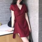 V-neck Short-sleeve Tie-waist A-line Dress