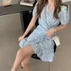 Puff-sleeve V-neck Floral Drawstring Ruffle Trim Dress