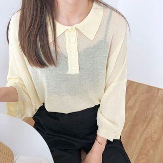 Sheer Long-sleeve Polo Knit Top