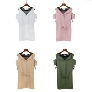 Drawstring Waist Cold Shoulder Shirt Dress