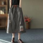Flower Embroidered Distressed Denim Midi A-line Skirt