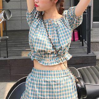 Set: Plaid Off-shoulder Top + Layered A-line Skirt