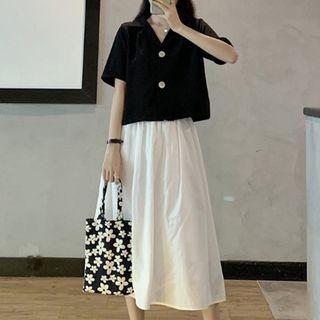 Set: Short-sleeve Button-up Top + Midi Skirt