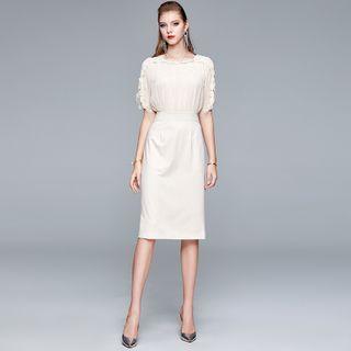 Short-sleeve Scalloped Chiffon Sheath Dress