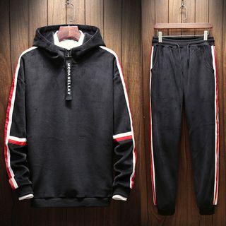 Set: Contrast-trim Velvet Hoodie + Jogger Pants