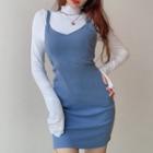 Set: Mock-neck T-shirt + Mini Bodycon Overall Dress