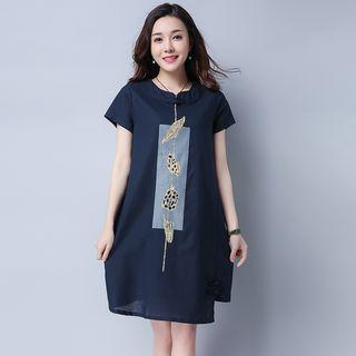 Printed Short-sleeve Linen A-line Dress