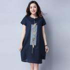Printed Short-sleeve Linen A-line Dress