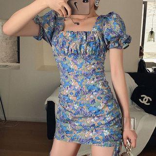 Square-neck Puff-sleeve Ruched Mini Sheath Dress
