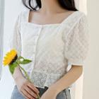 Square Collar Eyelet Button Cropped Top