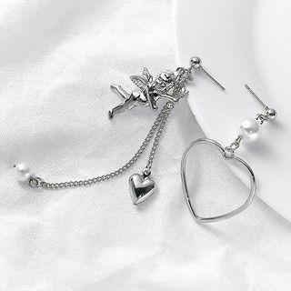 Angel & Heart Faux Pearl Asymmetrical Alloy Fringed Earring