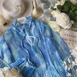 Tie-dyed Long-sleeve Accordion Pleat Mini A-line Dress