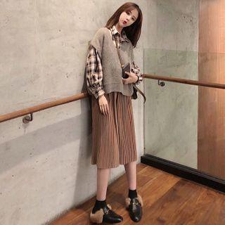 Set: Knit Vest + Plaid Shirt + Accordion Pleat Midi A-line Skirt