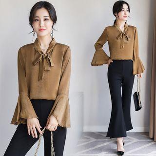 Set: Bell Sleeve Tie-neck Blouse + Boot-cut Pants