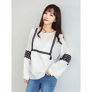 Bishop-sleeve Lace-trim Top