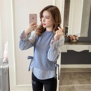 Mock Two Piece Bell-sleeve Striped Tie Accent Blouse