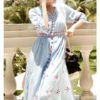 Elbow-sleeve Embroidered Midi A-line Dress
