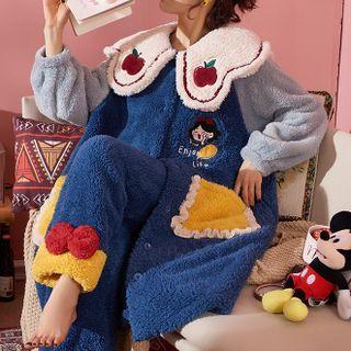 Loungewear Set : Fleece Cartoon Embroidered Robe + Pants