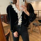 Lace Velvet V-neck Long-sleeve Blouse Black - One Size