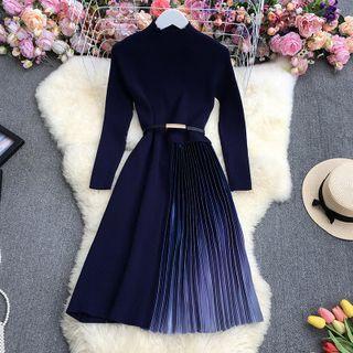 Long-sleeve Pleated Gradient Panel Midi A-line Dress Dark Blue - One Size