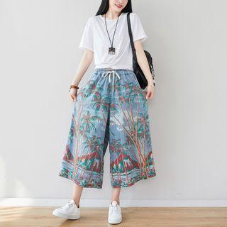 Printed Drawstring Denim Wide-leg Pants