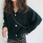 V-neck Cardigan / Floral Print A-line Midi Skirt