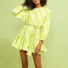 Long-sleeve Tie-waist Print Mini A-line Dress