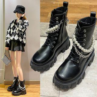 Chain Faux Pearl Platform Block Heel Short Boots