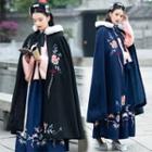 Flower Embroidered Furry Trim Hooded Cape