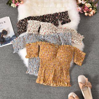 Off-shoulder Padded Floral Print Shirred Top
