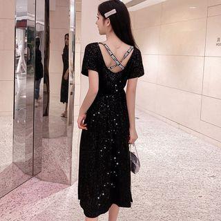 Glitter Short-sleeve Midi A-line Dress