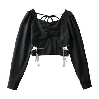 Square-neck Chain Accent Cutout Cropped Blouse