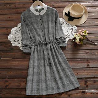 Long-sleeve Plaid Tie-waist Midi A-line Dress