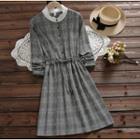 Long-sleeve Plaid Tie-waist Midi A-line Dress