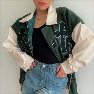 Lettering Faux Leather Panel Zip-up Jacket