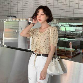 Drawstring-front Cropped Floral Top