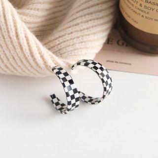 Checker Acrylic Open Hoop Earring 1 Pair - S925 Silver - Check - Black & White - One Size