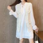 Set: Tie-neck Mini A-line Dress + Tweed Button Vest
