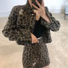 Leopard Print Cropped Denim Jacket / A-line Mini Skirt