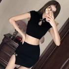 Set: Cap-sleeve Frog Buttoned Cropped Top + Slit Mini Fitted Skirt