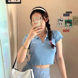 Letter Embroidered Collared Short-sleeve Knit Top