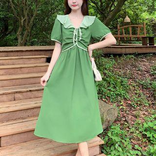 Short-sleeve Ruffle Collar Drawstring Bow Dress
