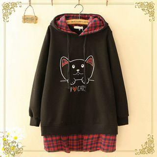 Plaid Panel Cat Embroidered Hoodie Dress