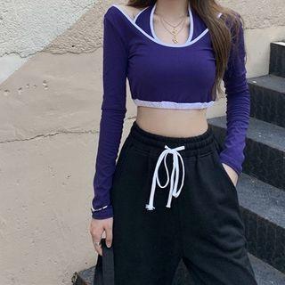 Mock Two-piece Long-sleeve T-shirt / Cropped Harem Pants