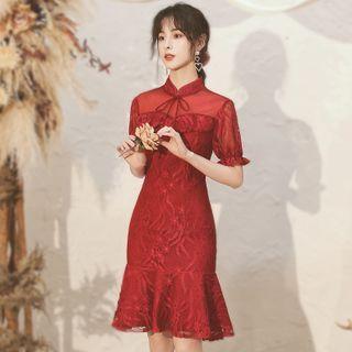 Balloon-sleeve Ruffled Lace Sheath Dress