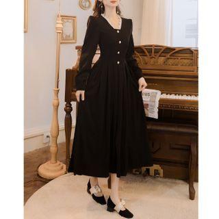 Long-sleeve Lace Trim Maxi A-line Dress
