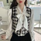 Long-sleeve Plain Tie-neck Shirt / Plaid Cropped Vest / High-waist Velvet Mini Skirt
