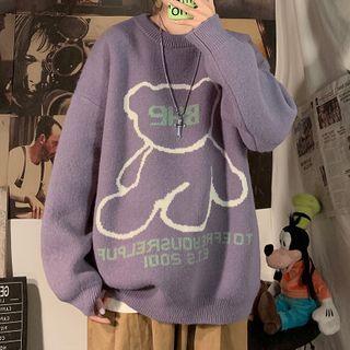 Bear Printed Round-neck Knitted Sweater
