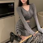 Long-sleeve V-neck Cropped Knit Top / Drawstring Mini Fitted Skirt