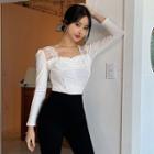 Shirred-front Lace-trim Top